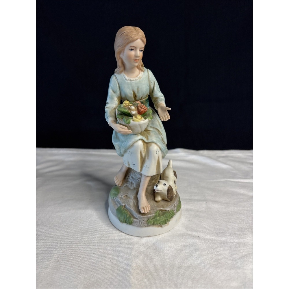 Homco Home Interiors 1408 Young Woman Dog Flowers Figurine Farmyard Collection